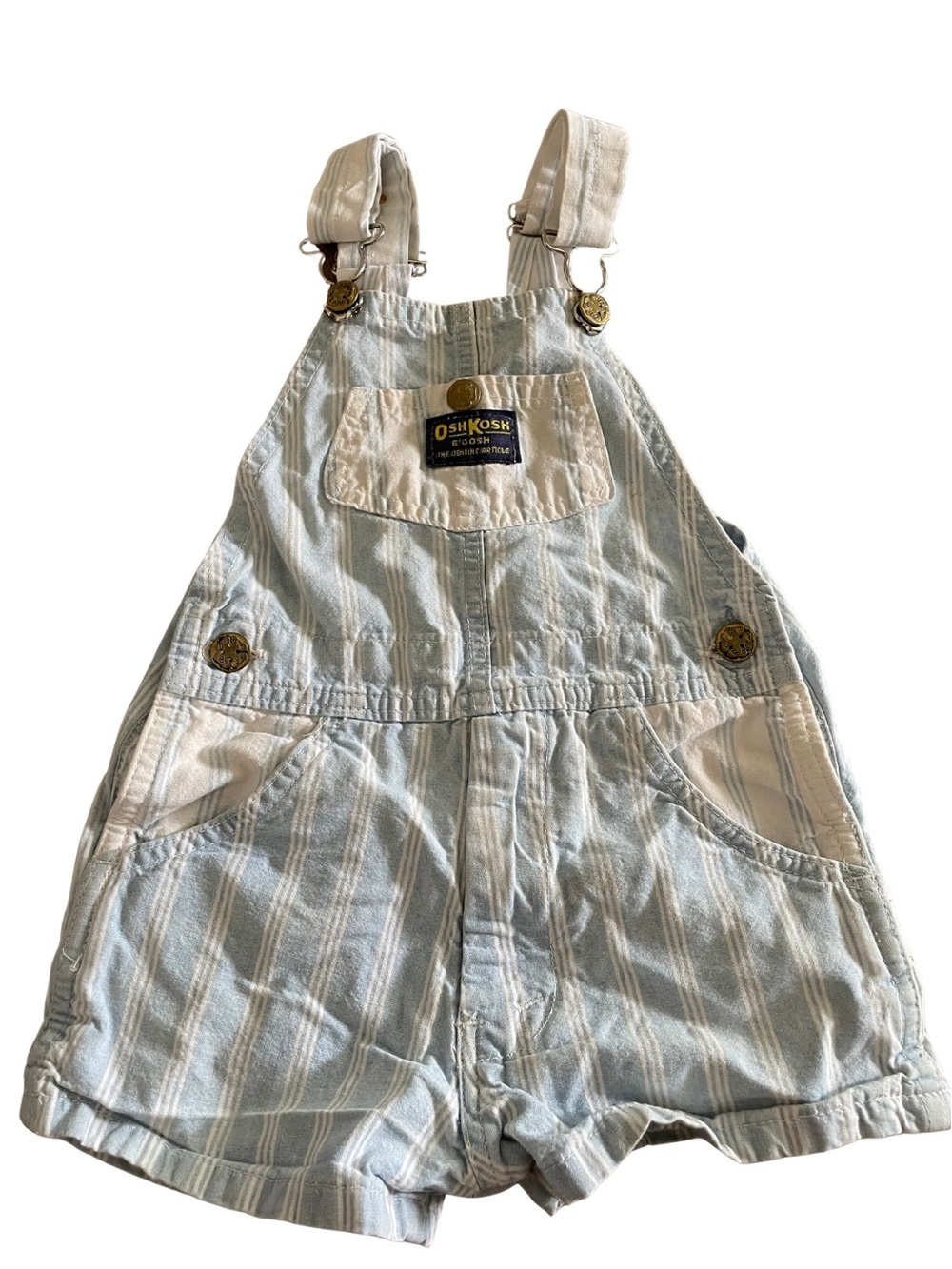 Vintage OshKosh B'gosh Pale Blue and White Striped Short Overalls 100% Cotton